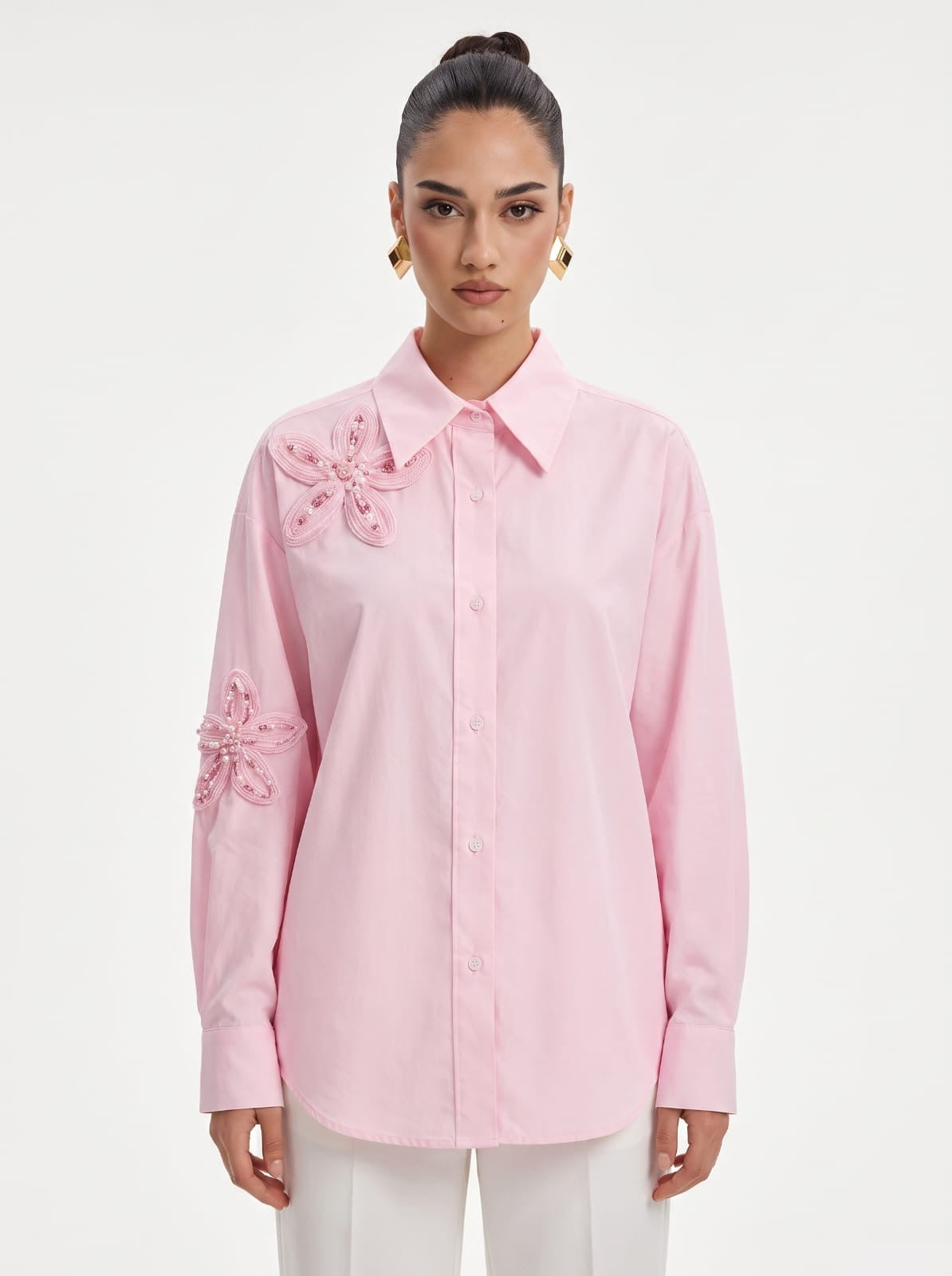3D Sequin Floral Applique Pink Cotton Shirt