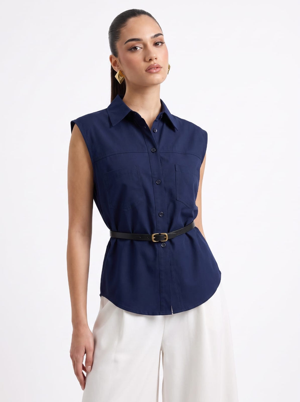 NAVY BLUE Linen Sleeveless Shirt & Cream Wide-Leg Satin Trousers Set