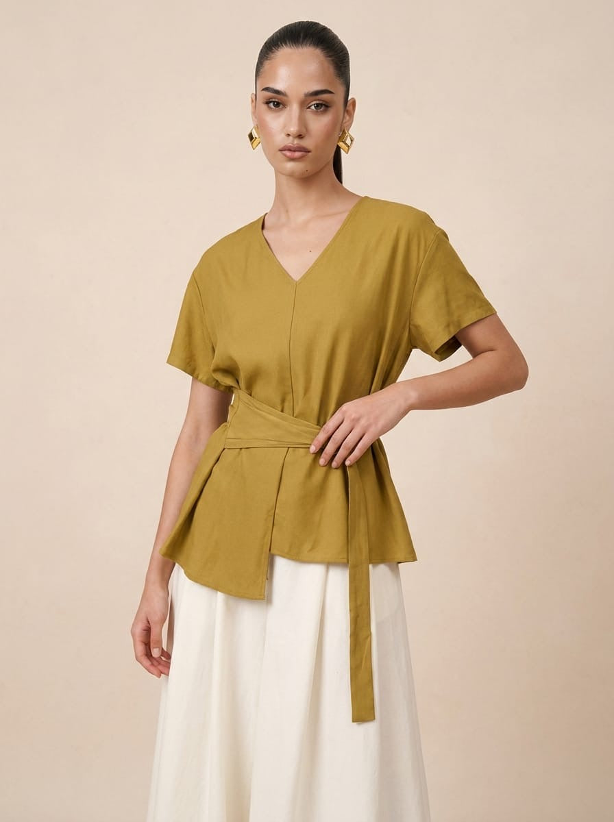 D-Ring Belted mustard Top & Wide-Leg Cream Trousers Set