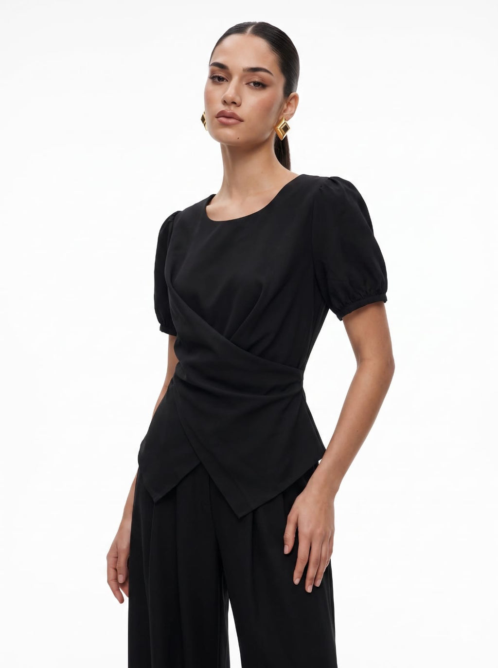 Cross-Front Peplum Top & Wide-Leg Trousers black Co-ord Set