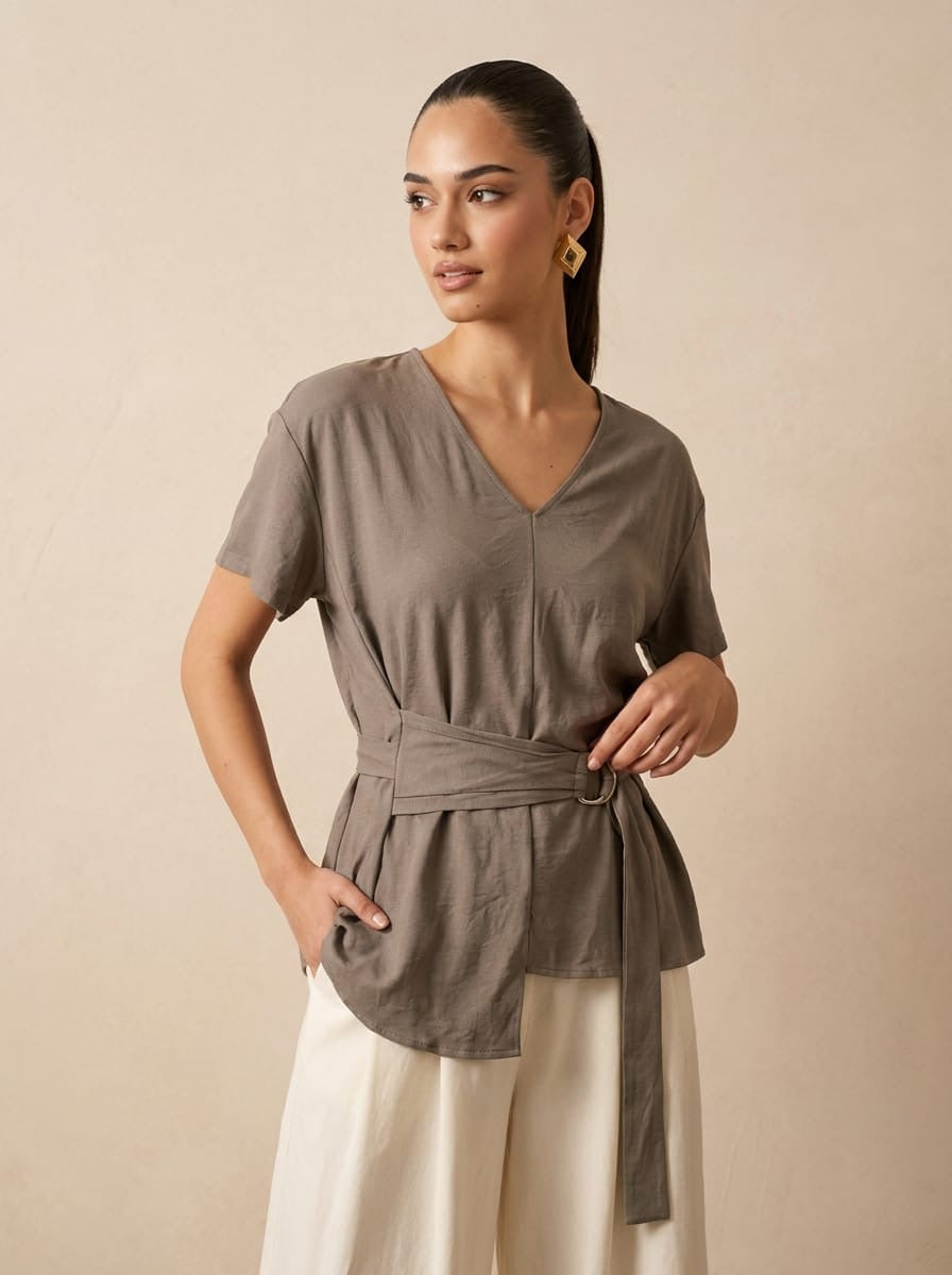 D-Ring Belted gray Top & Wide-Leg Cream Trousers Set