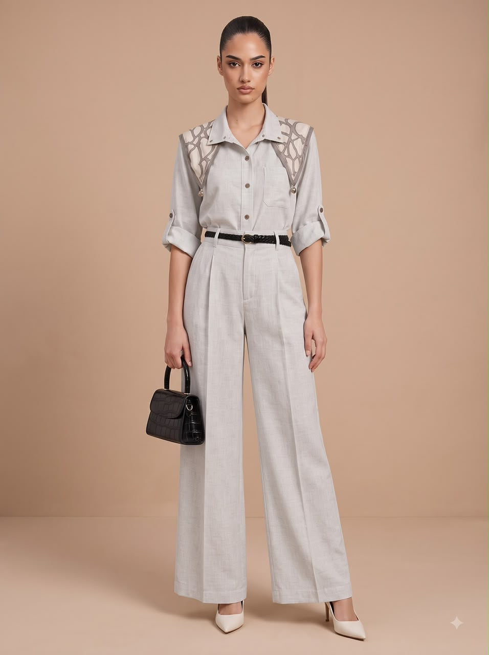 Printed Scarf Shirt & Wide-Leg Trousers Light Blue 3-Piece Set