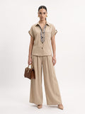 Scarf-Detailed Short-Sleeve Shirt & Wide-Leg Trousers beige Co-ord Set