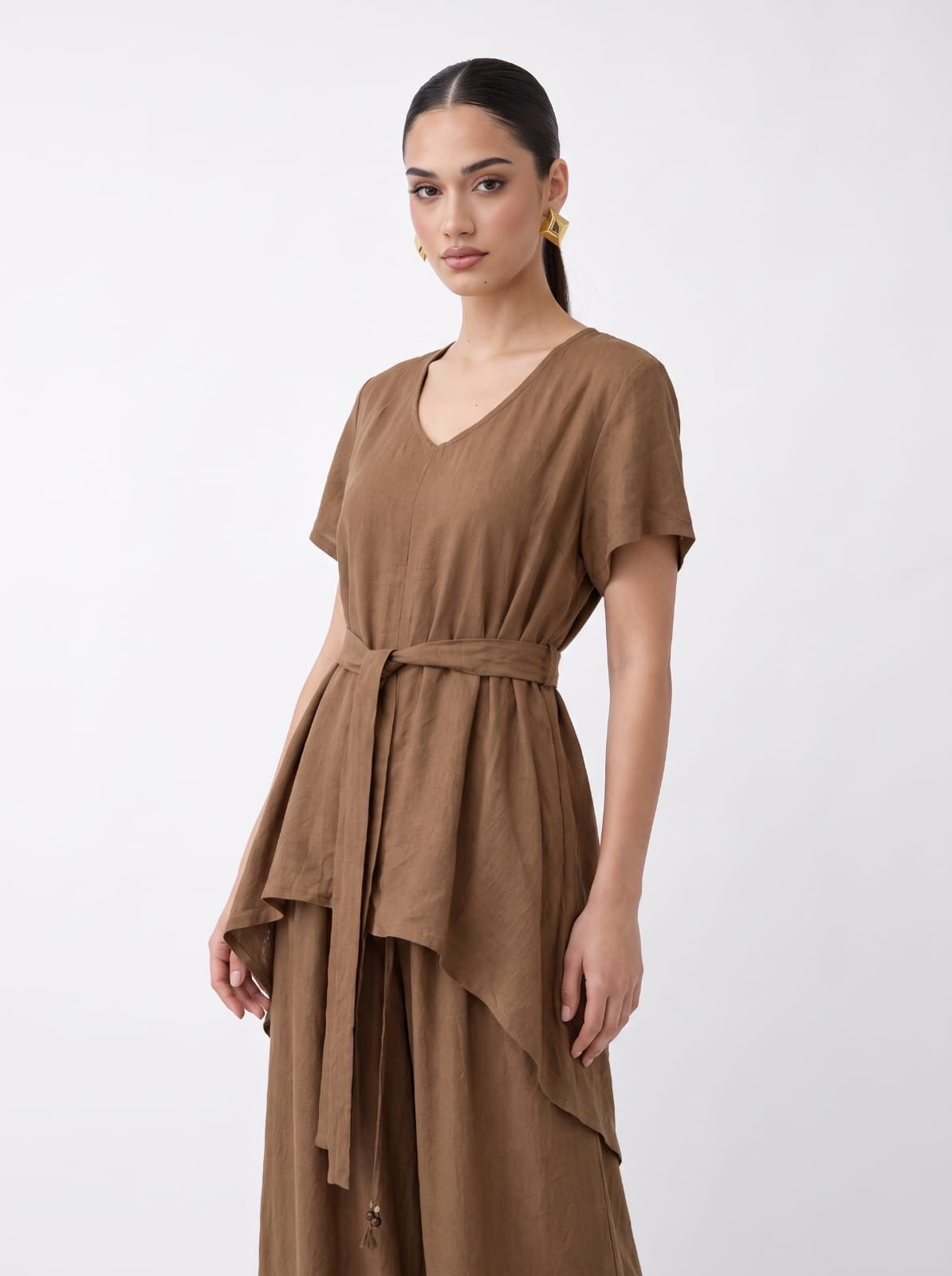 Belted V-Neck Tunic & Wide-Leg Trousers Mocha Linen Set