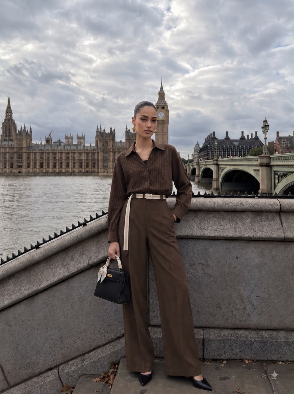 Striped Shirt, Jute Belt & Wide-Leg Trousers mocha brown  Linen-Cotton 3-Piece Set