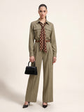 Utility Shirt, Polka Dot Silk Scarf, Leather Belt & Trousers camel green 4-Piece Set