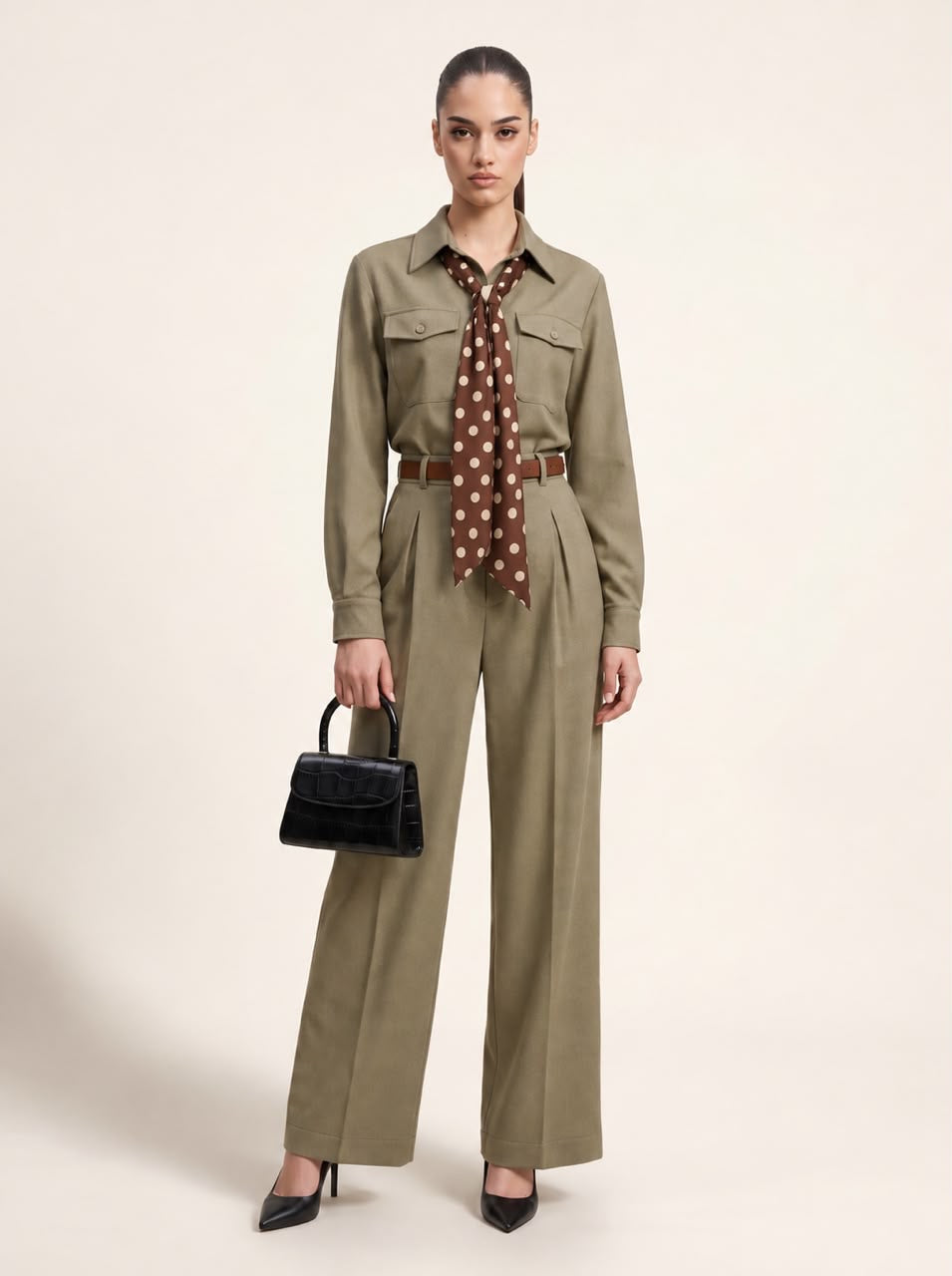 Utility Shirt, Polka Dot Silk Scarf, Leather Belt & Trousers camel green 4-Piece Set