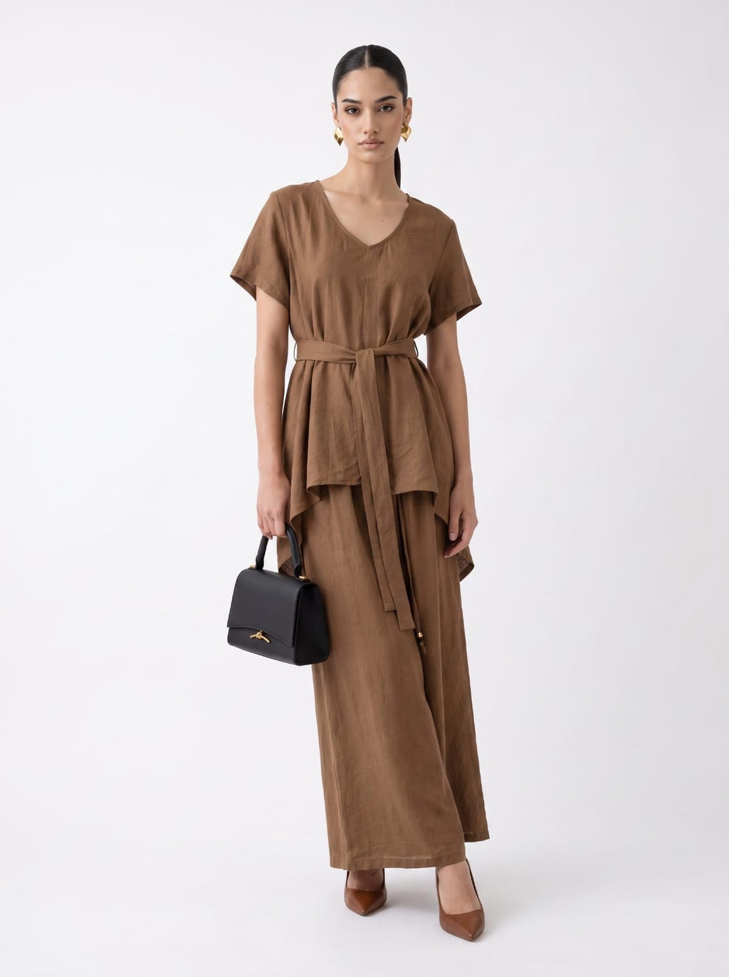 Belted V-Neck Tunic & Wide-Leg Trousers Mocha Linen Set