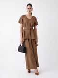 Belted V-Neck Tunic & Wide-Leg Trousers Mocha Linen Set