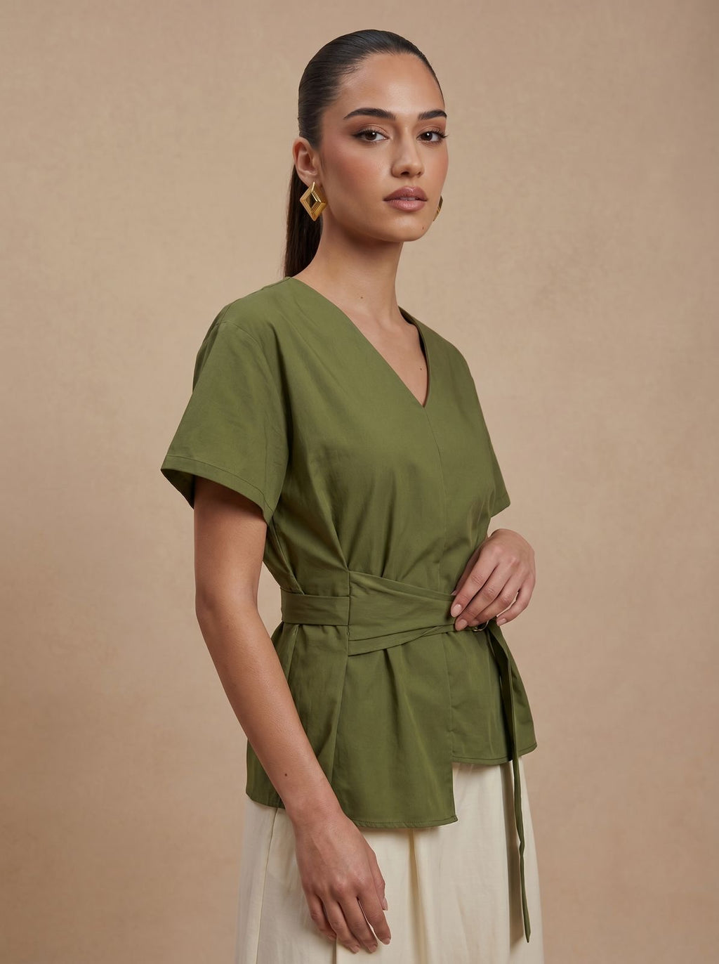 D-Ring Belted Olive Top & Wide-Leg Cream Trousers Set