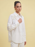 3D Sequin Floral Applique White Cotton Shirt