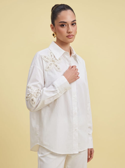 3D Sequin Floral Applique Blue Cotton Shirt