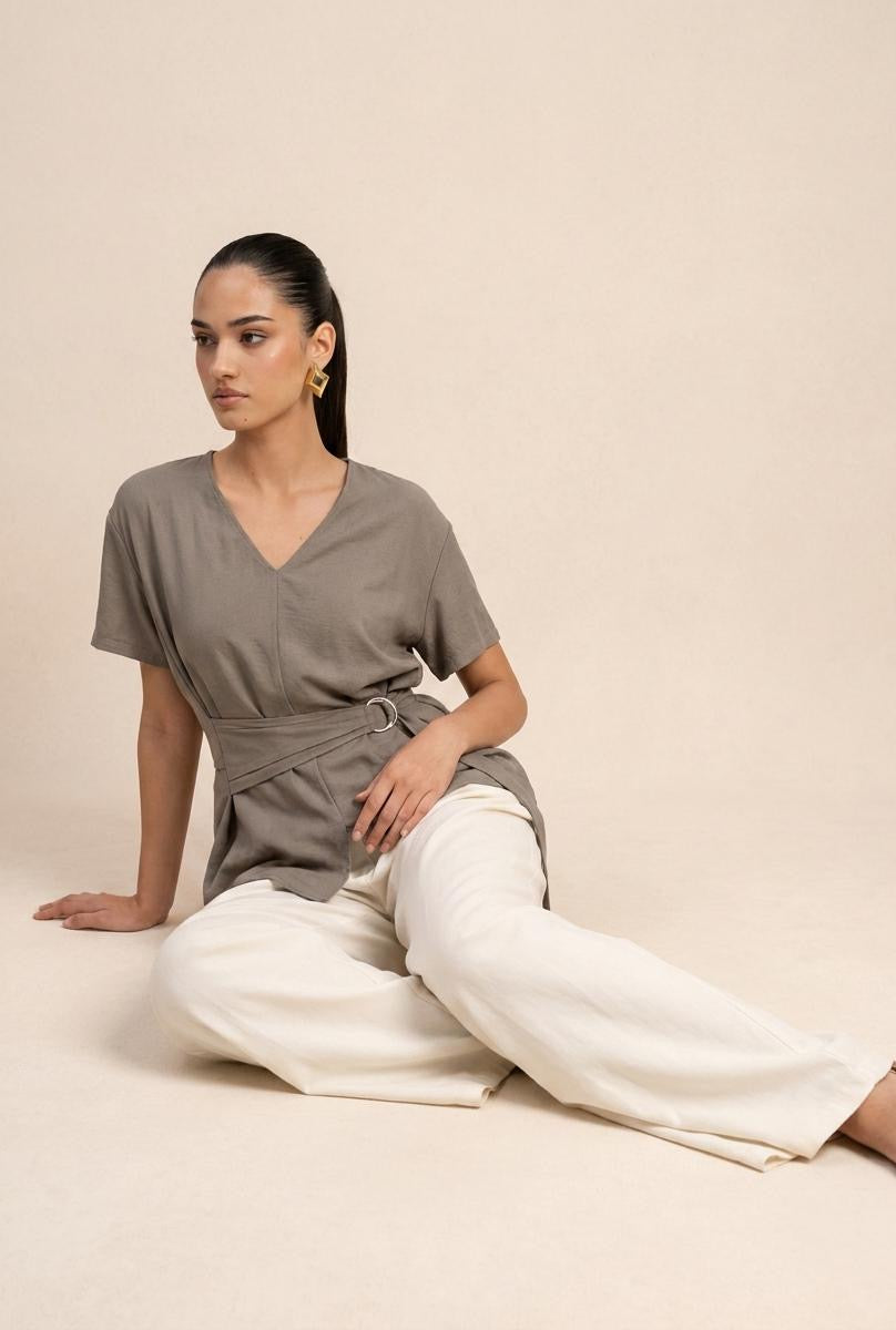 D-Ring Belted gray Top & Wide-Leg Cream Trousers Set