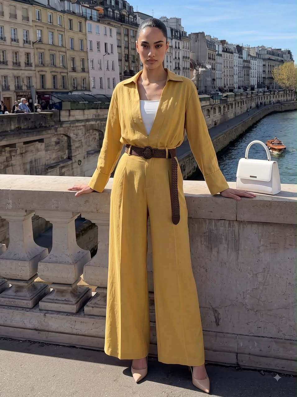 Deep V-Neck Shirt, Inner Cami, Leather Belt & Trousers Mustard 4-Piece Set