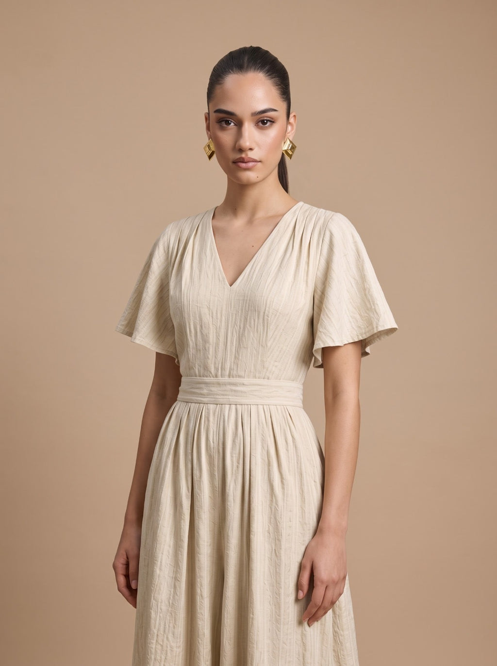 Textured Crinkle V-Neck Flutter Sleeve Midi Dress