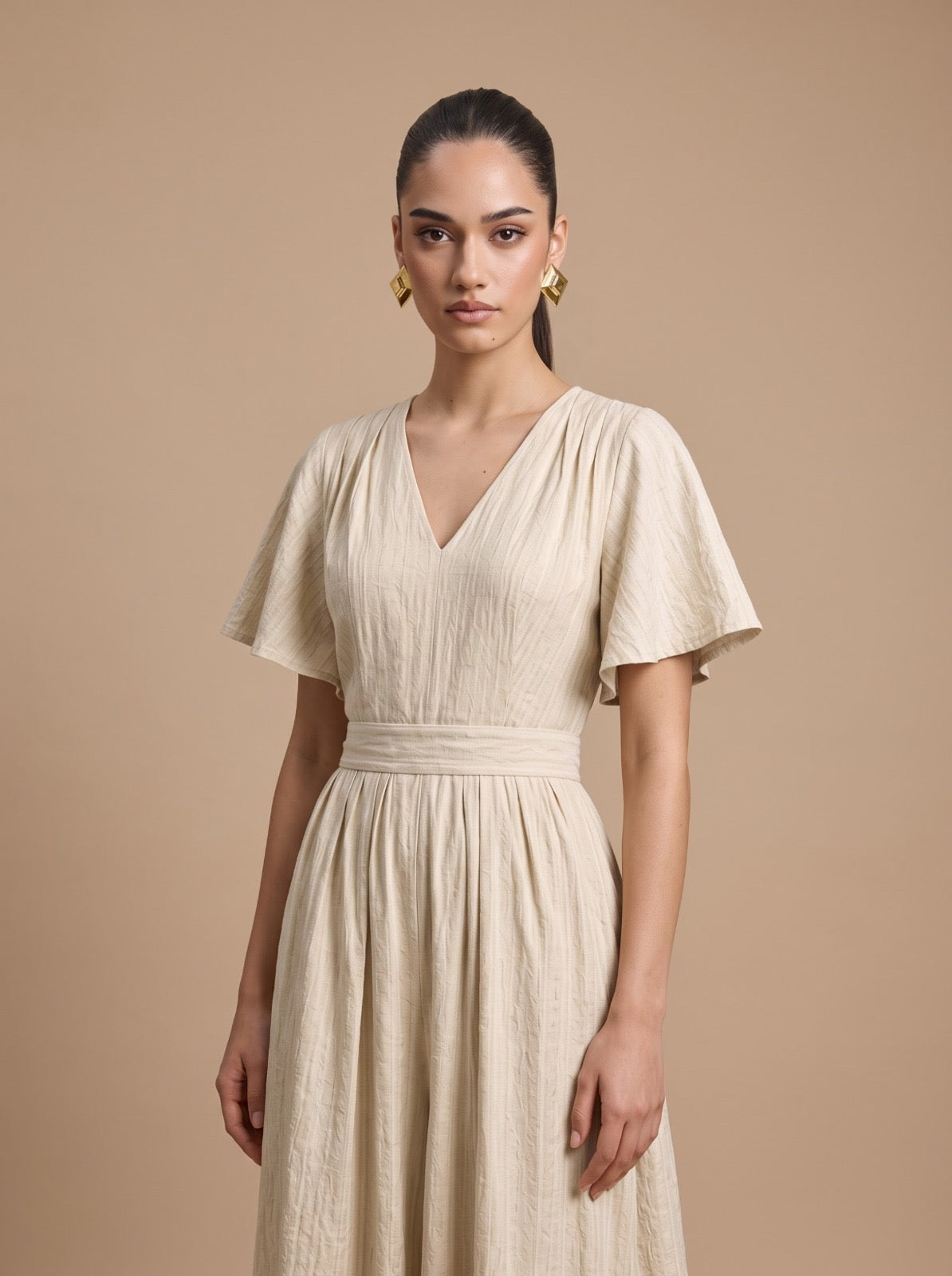 Textured Crinkle V-Neck Flutter Sleeve Midi Dress