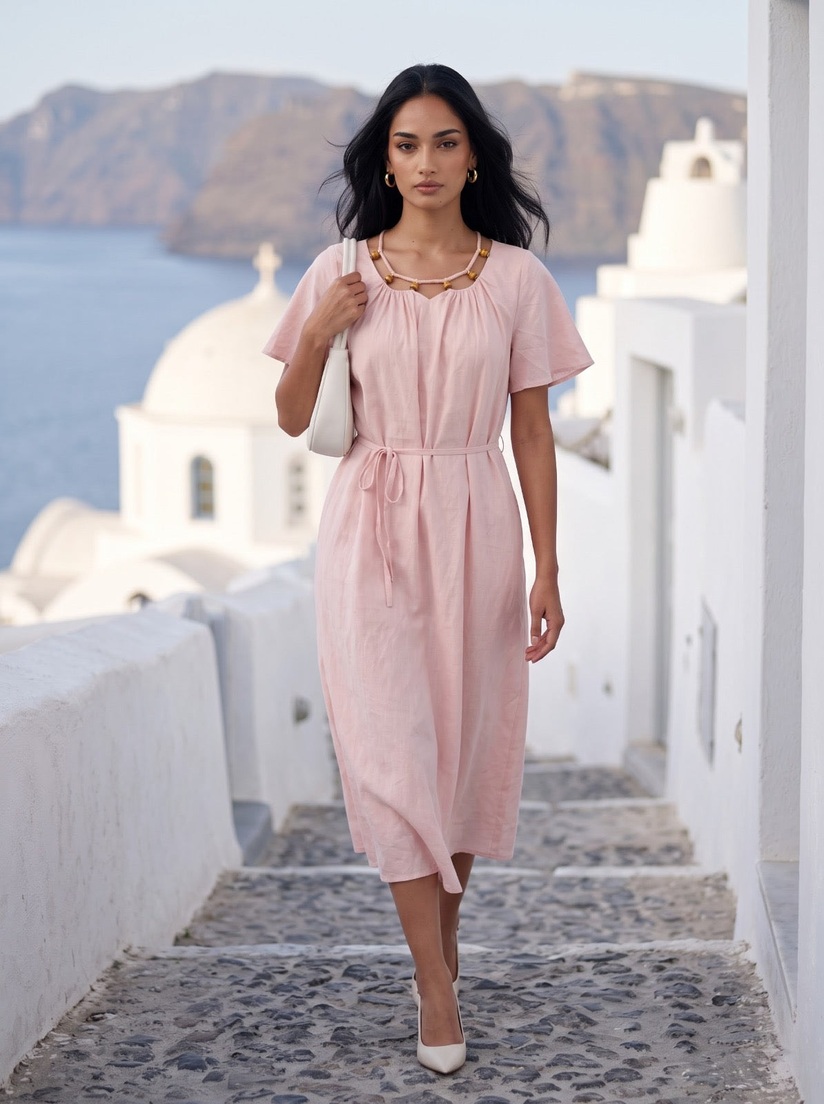 Beaded Neckline Flutter Sleeve BABY PINK Midi Dress
