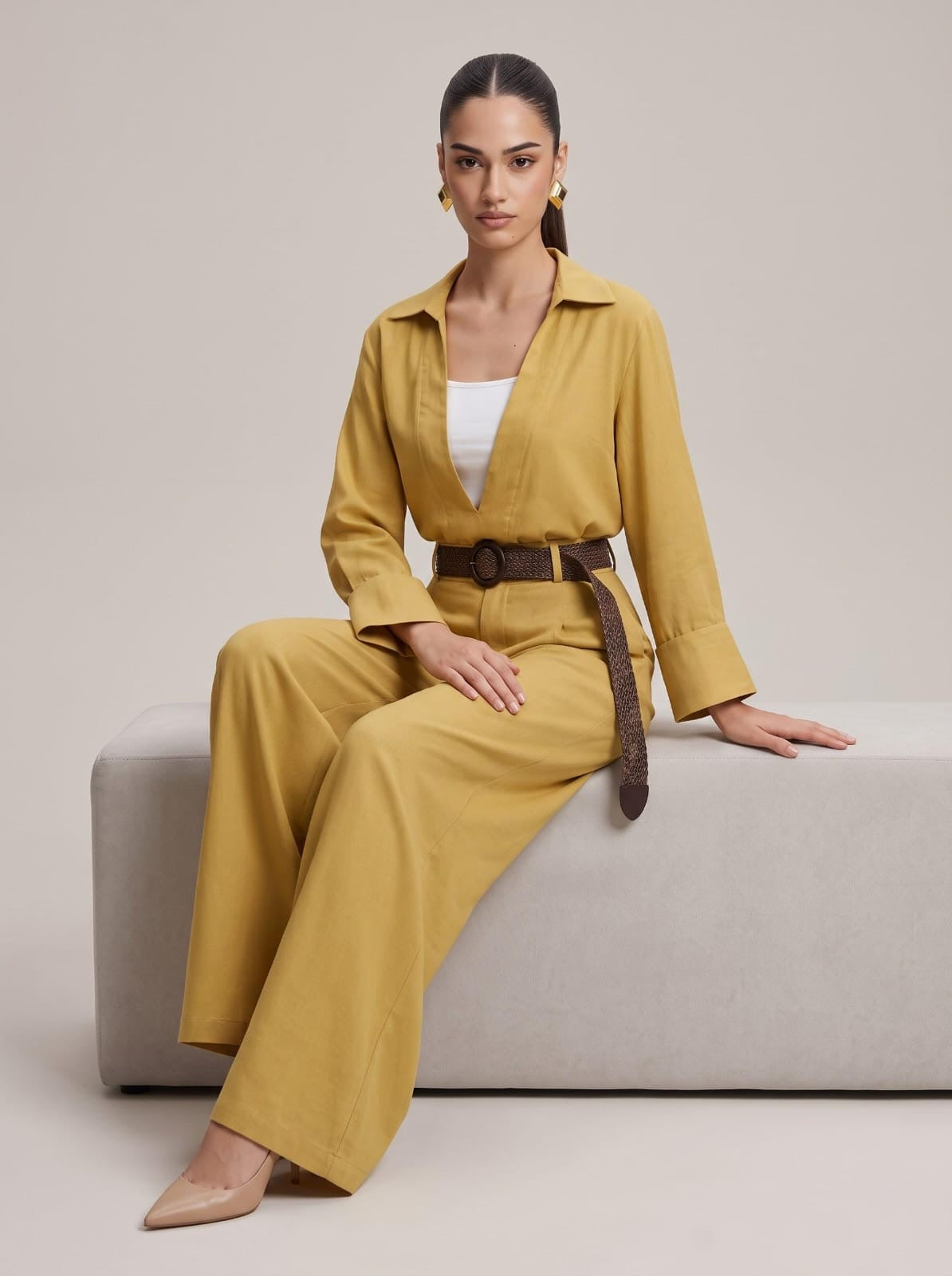 Deep V-Neck Shirt, Inner Cami, Leather Belt & Trousers Mustard 4-Piece Set