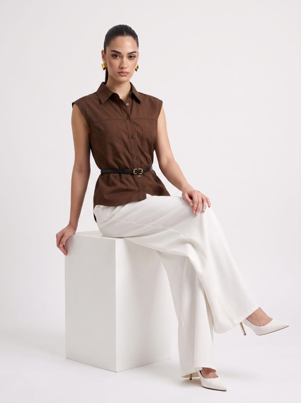 Chocolate Linen Sleeveless Shirt & Cream Wide-Leg Satin Trousers Set