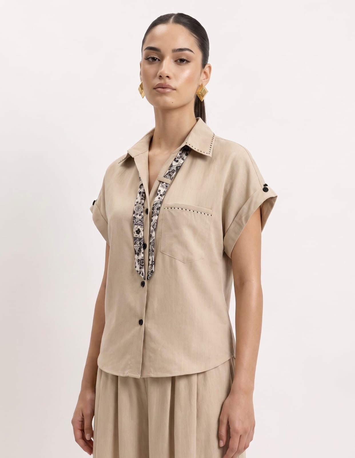 Scarf-Detailed Short-Sleeve Shirt & Wide-Leg Trousers beige Co-ord Set