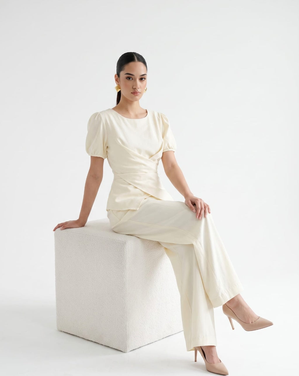 Cross-Front Peplum Top & Wide-Leg Trousers white Co-ord Set