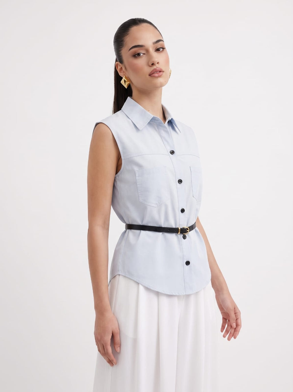 SKY BLUE Linen Sleeveless Shirt & Cream Wide-Leg Satin Trousers Set