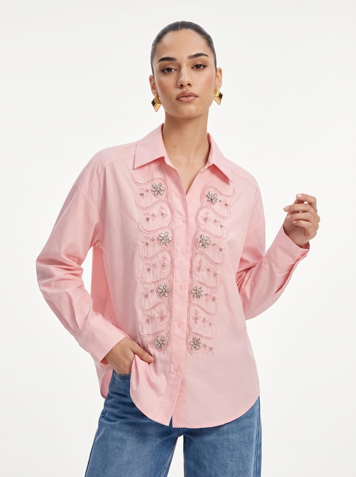Crystal Floral Embellished Button-Down Pink Shirt