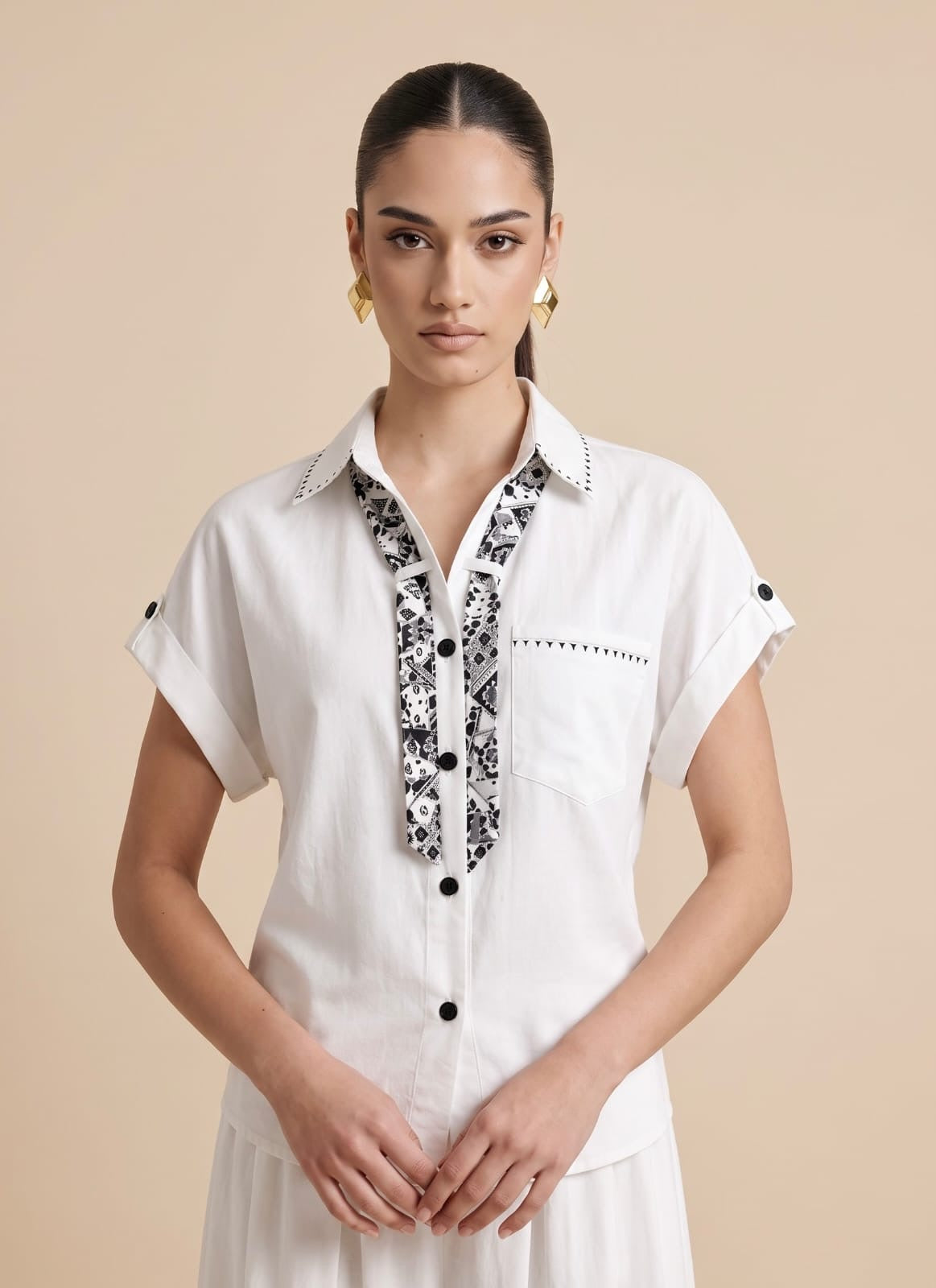 Scarf-Detailed Short-Sleeve Shirt & Wide-Leg Trousers white Co-ord Set