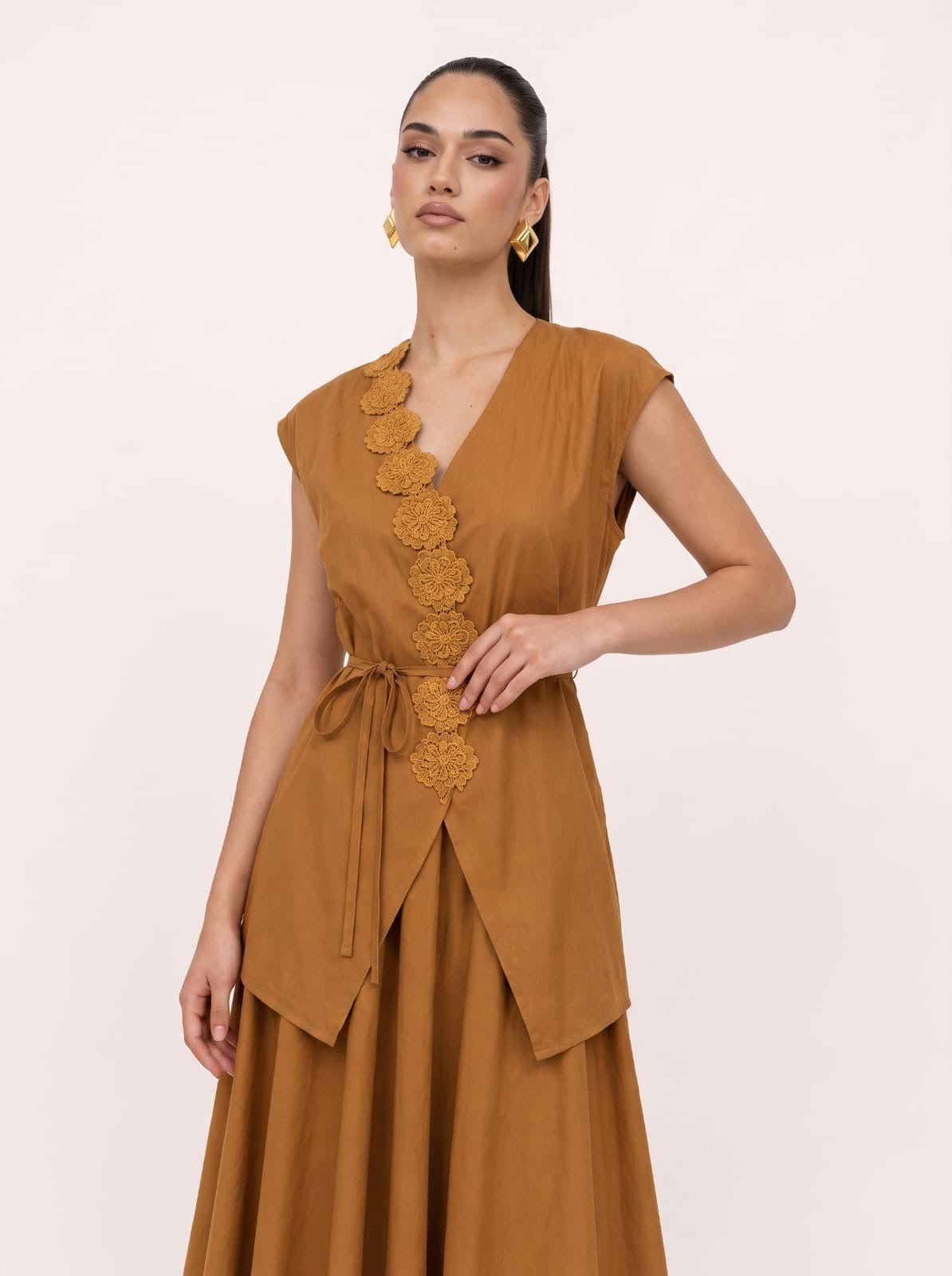 Scalloped Lace Wrap Top & Pleated Midi Skirt COFFEE  Set