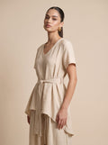 Belted V-Neck Tunic & Wide-Leg Trousers beige Linen Set
