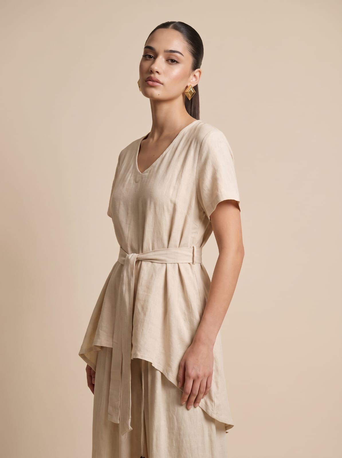 Belted V-Neck Tunic & Wide-Leg Trousers beige Linen Set