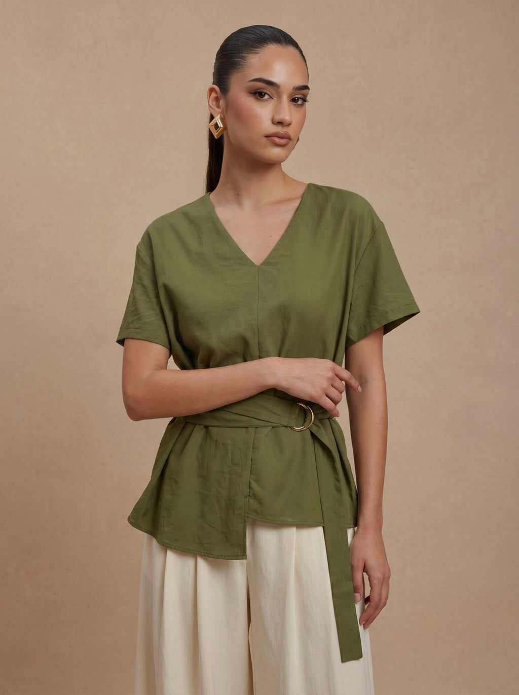 D-Ring Belted Olive Top & Wide-Leg Cream Trousers Set