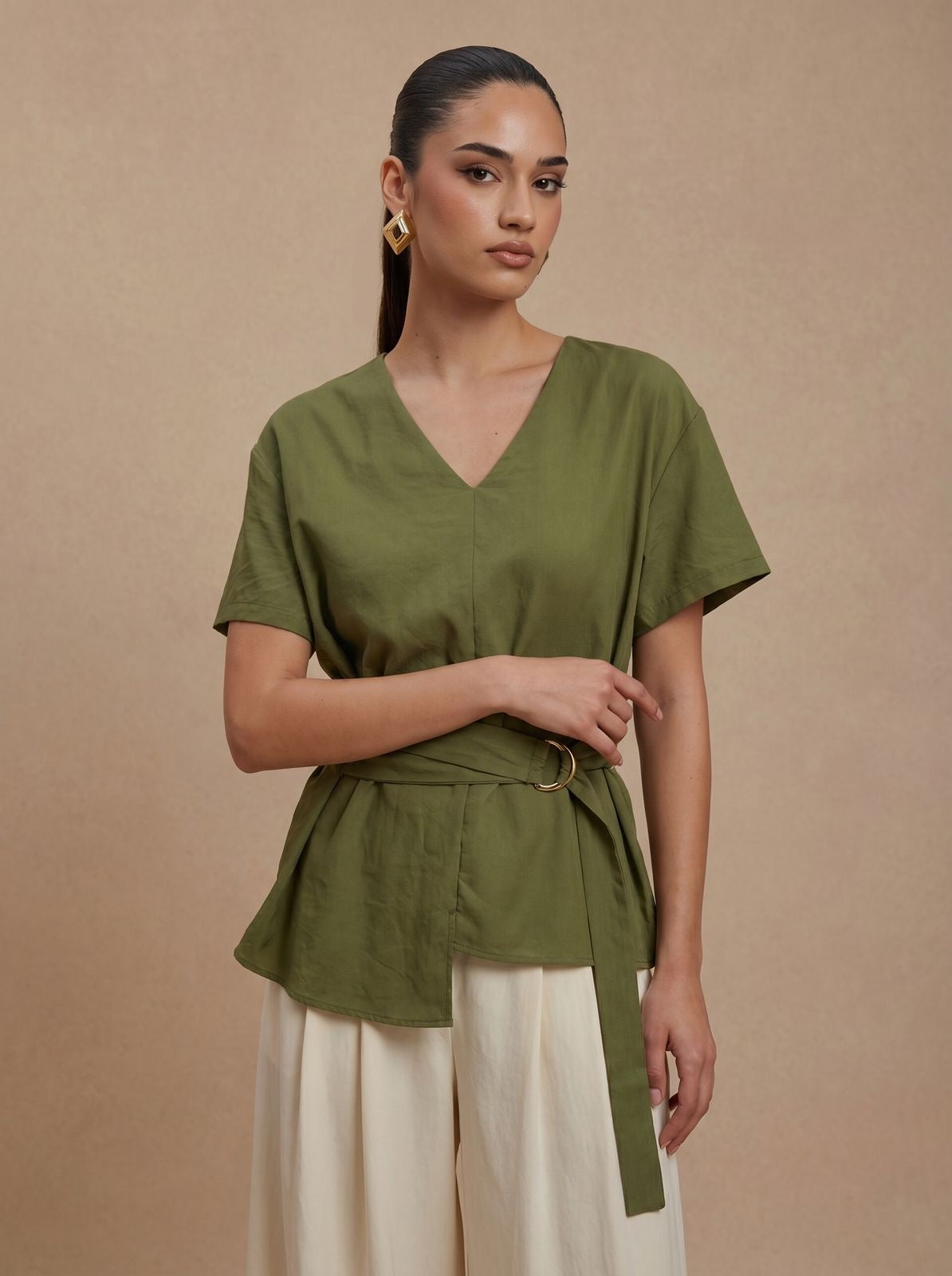 D-Ring Belted Olive Top & Wide-Leg Cream Trousers Set