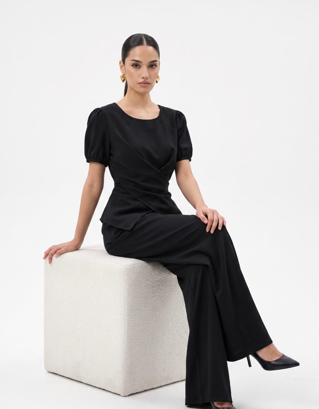 Cross-Front Peplum Top & Wide-Leg Trousers black Co-ord Set