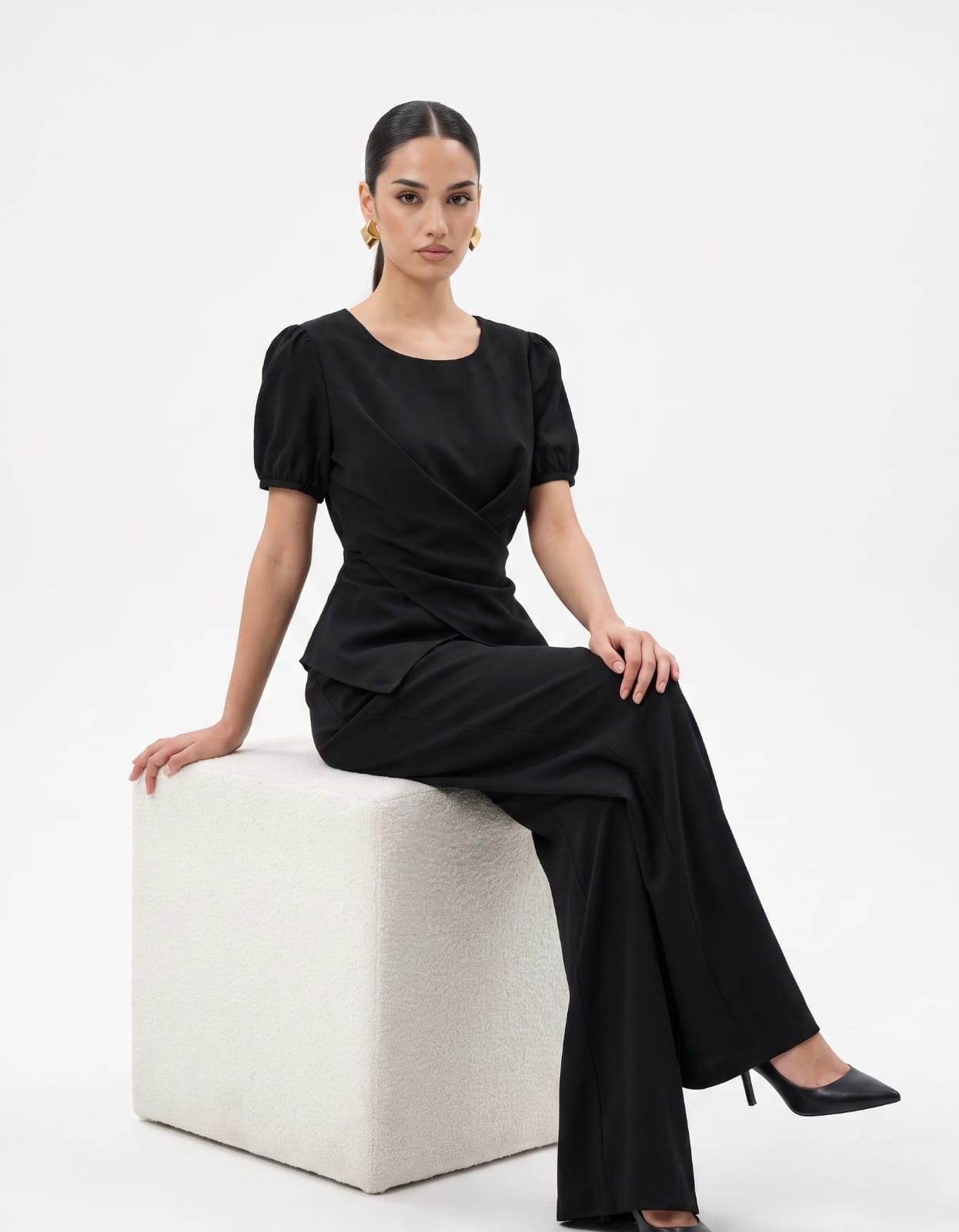 Cross-Front Peplum Top & Wide-Leg Trousers black Co-ord Set