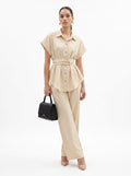 Belted Shirt & Straight Trousers Beige Co-ord Set
