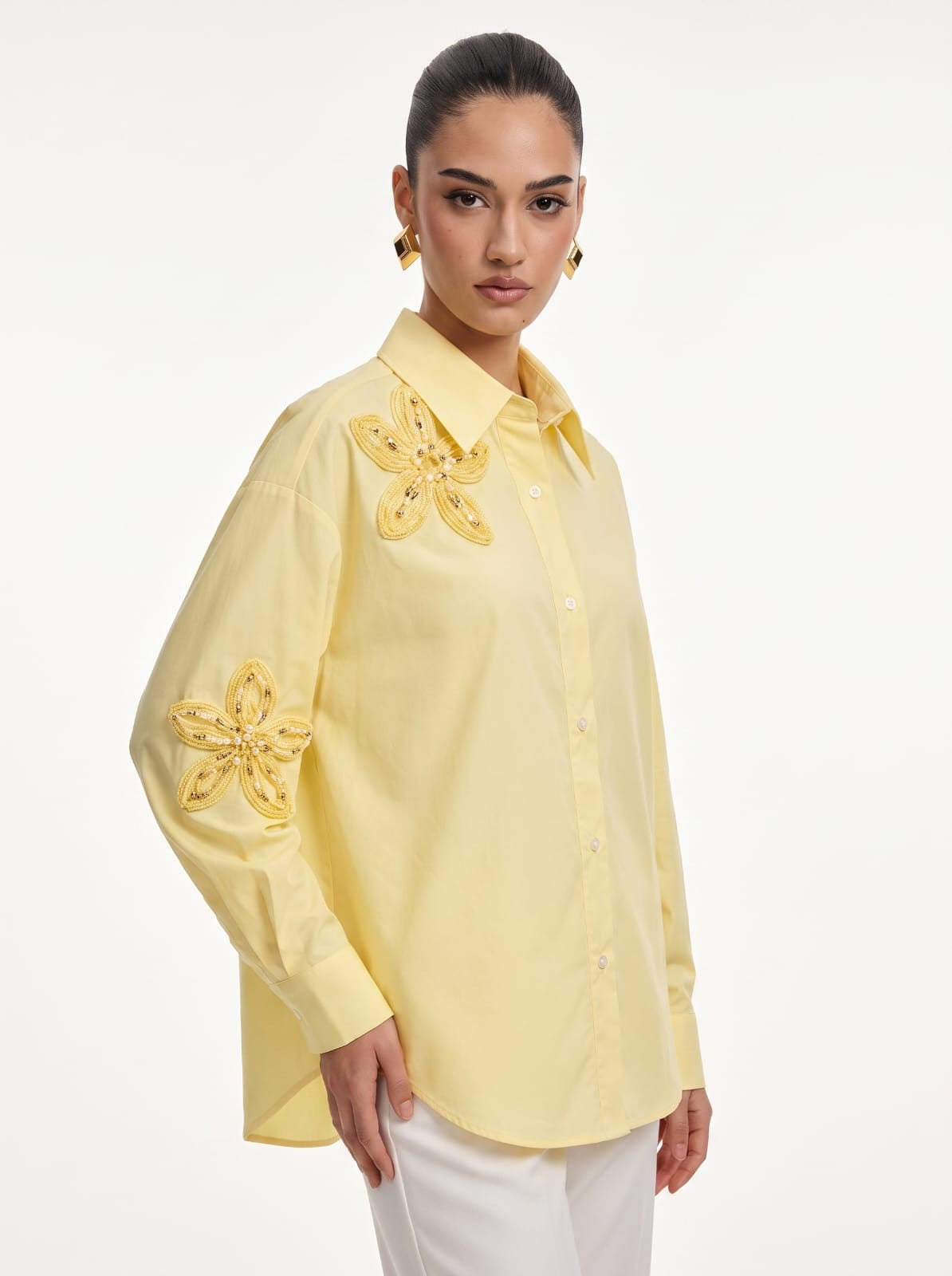 3D Sequin Floral Applique Yellow Cotton Shirt