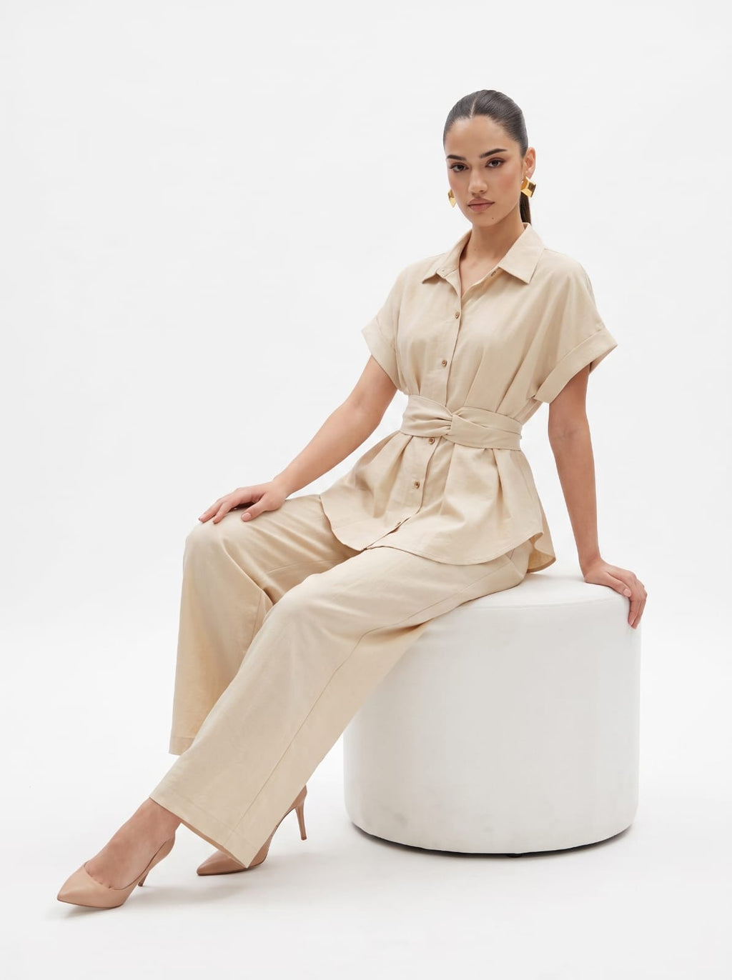 Belted Shirt & Straight Trousers Beige Co-ord Set