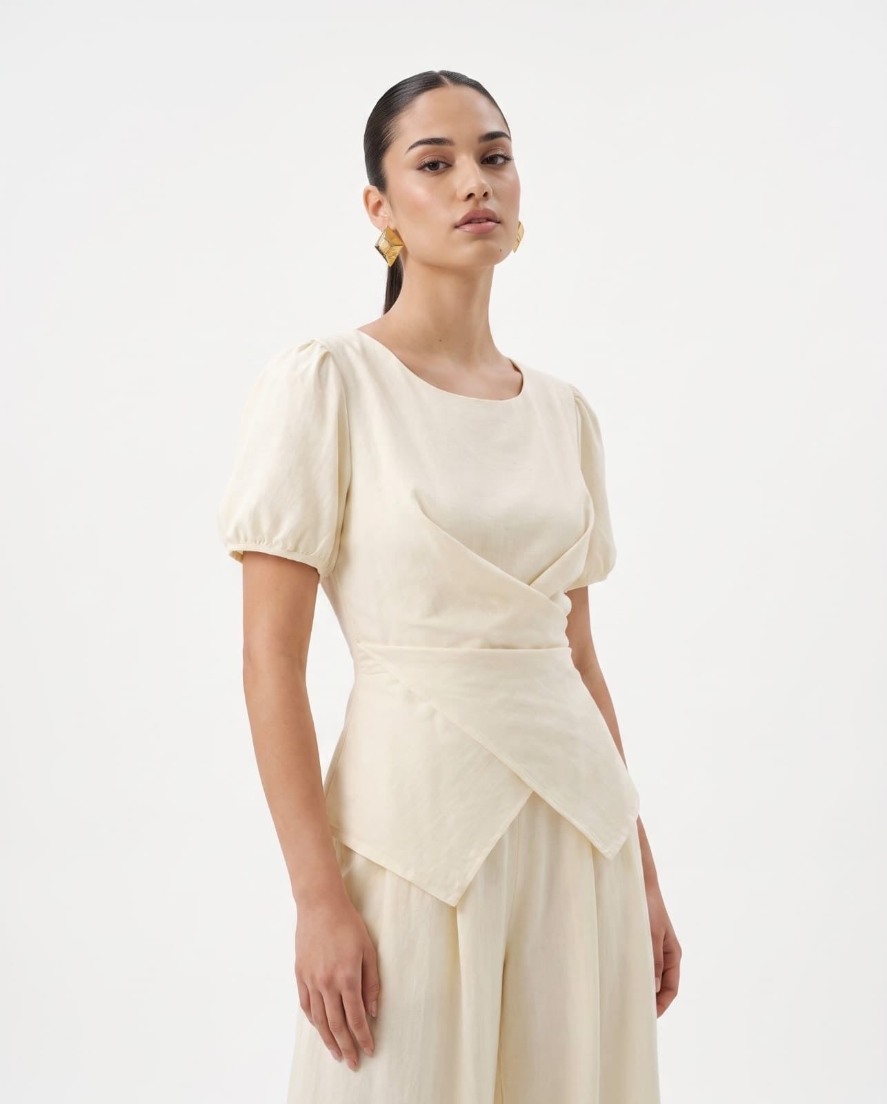 Cross-Front Peplum Top & Wide-Leg Trousers white Co-ord Set