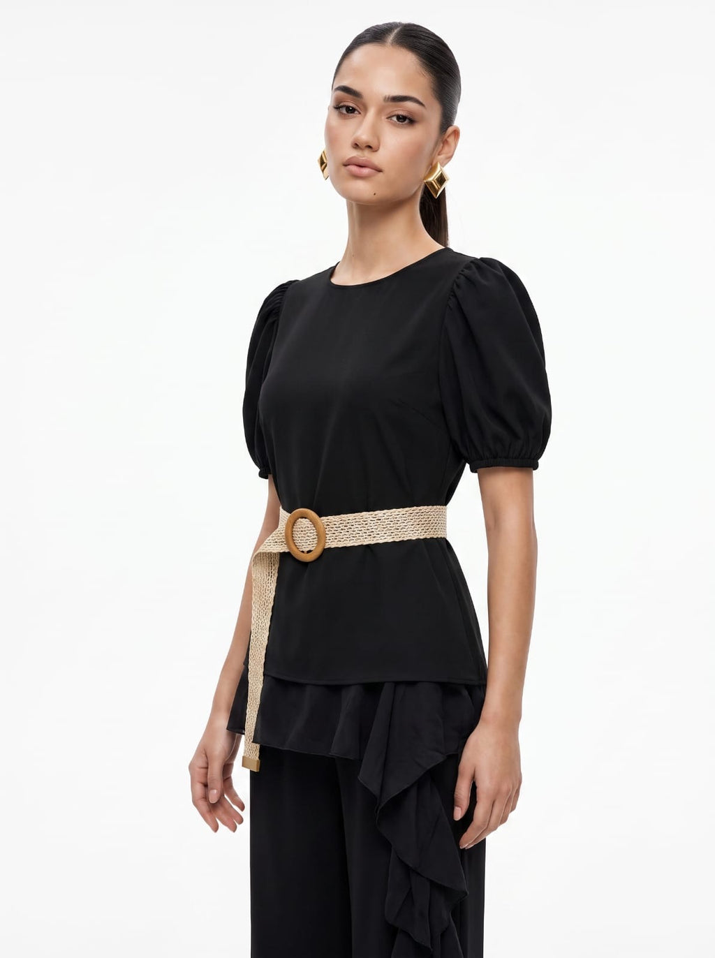 Asymmetrical Cascading Ruffle & Trousers Black Co-ord Set