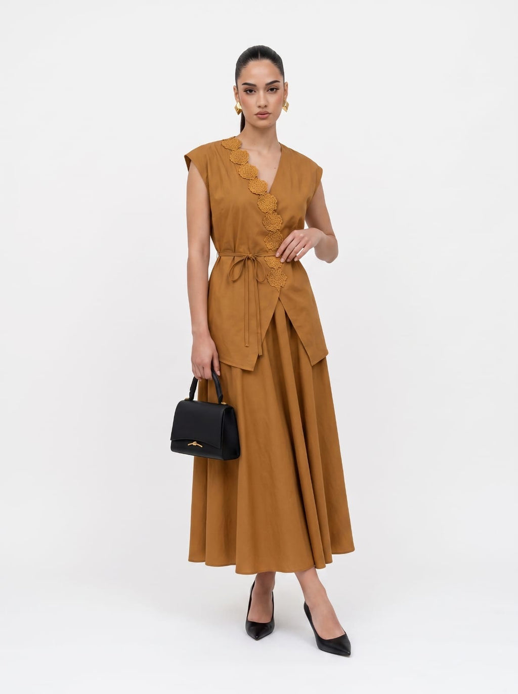 Scalloped Lace Wrap Top & Pleated Midi Skirt COFFEE  Set