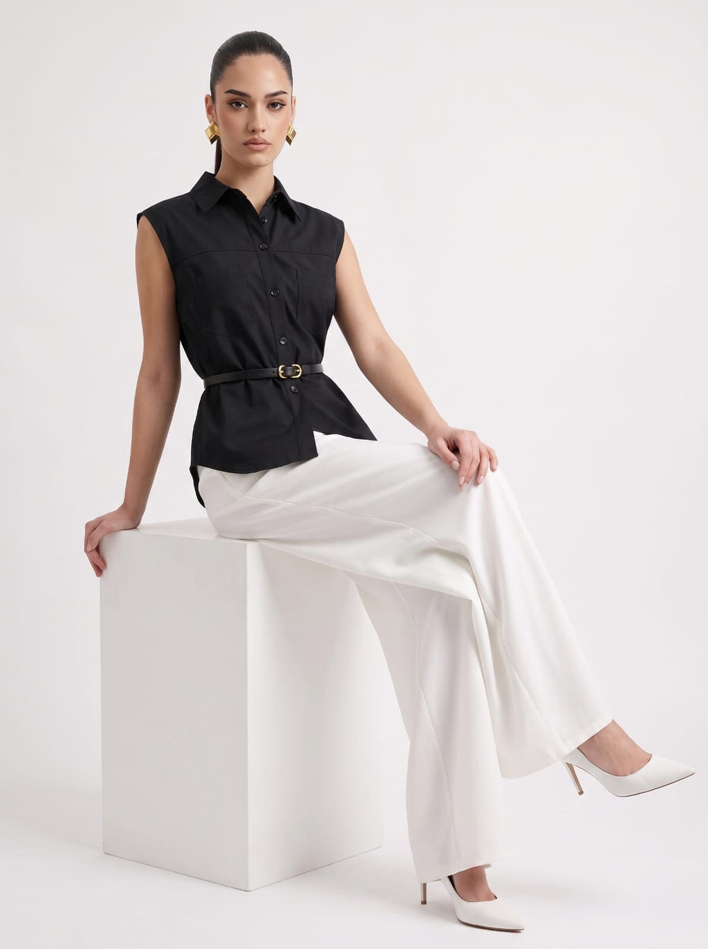 BLACK Linen Sleeveless Shirt & Cream Wide-Leg Satin Trousers Set