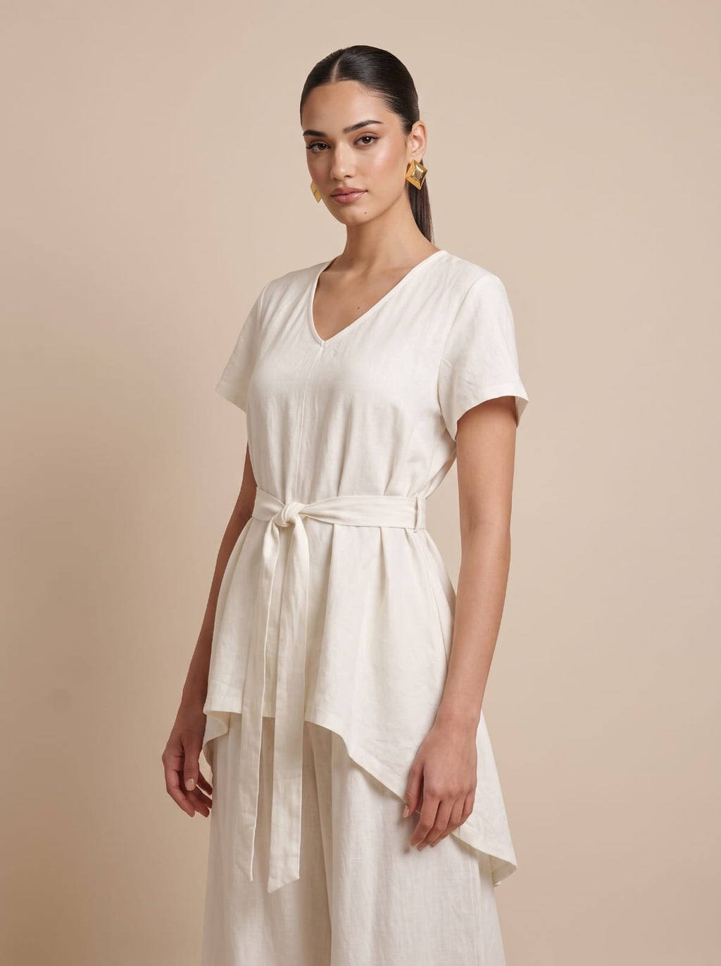 Belted V-Neck Tunic & Wide-Leg Trousers white Linen Set