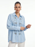 Crystal Floral Embellished Button-Down Blue Shirt