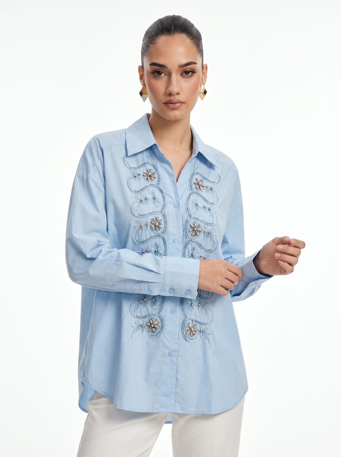 Crystal Floral Embellished Button-Down Blue Shirt