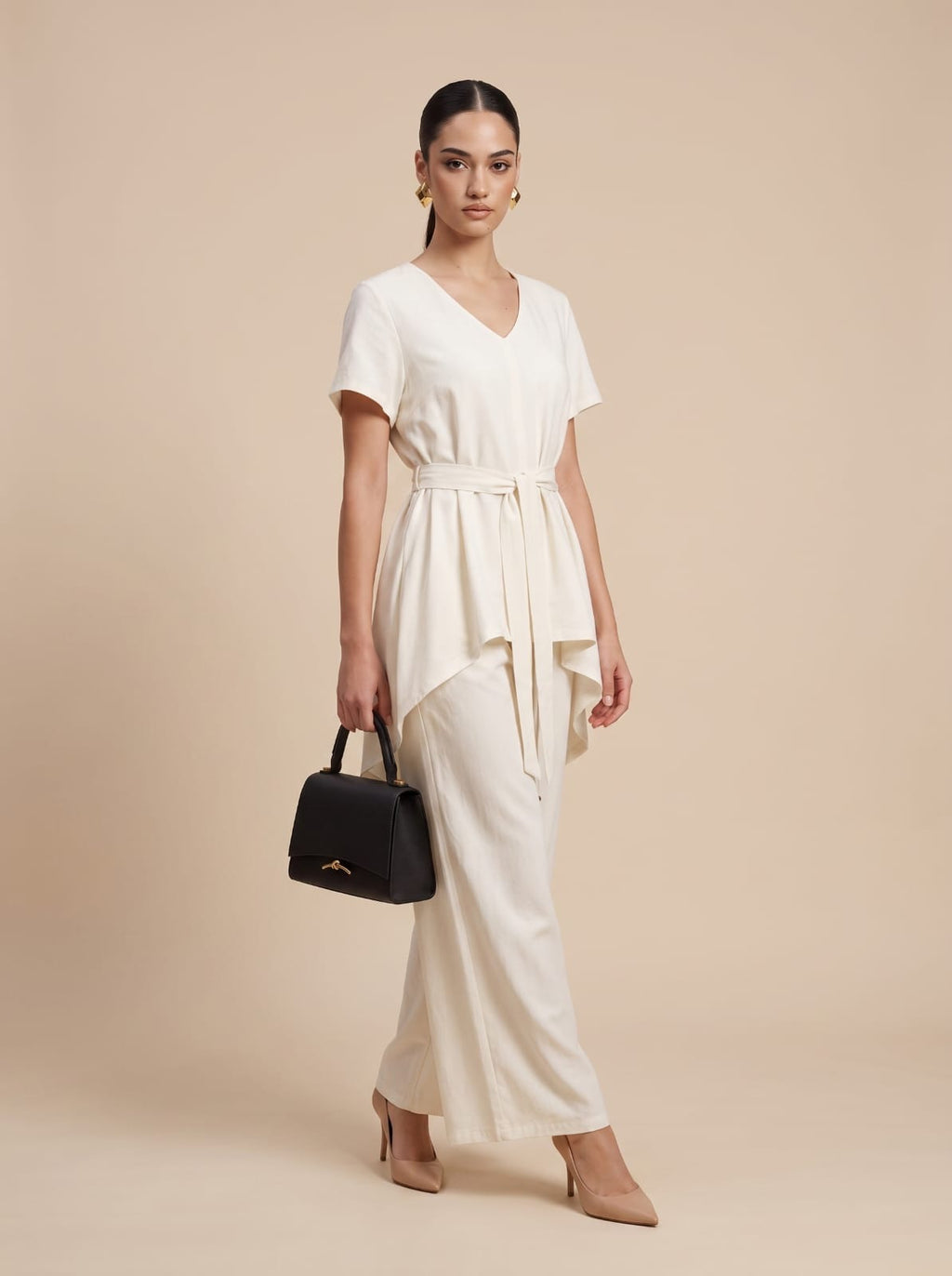 Belted V-Neck Tunic & Wide-Leg Trousers white Linen Set