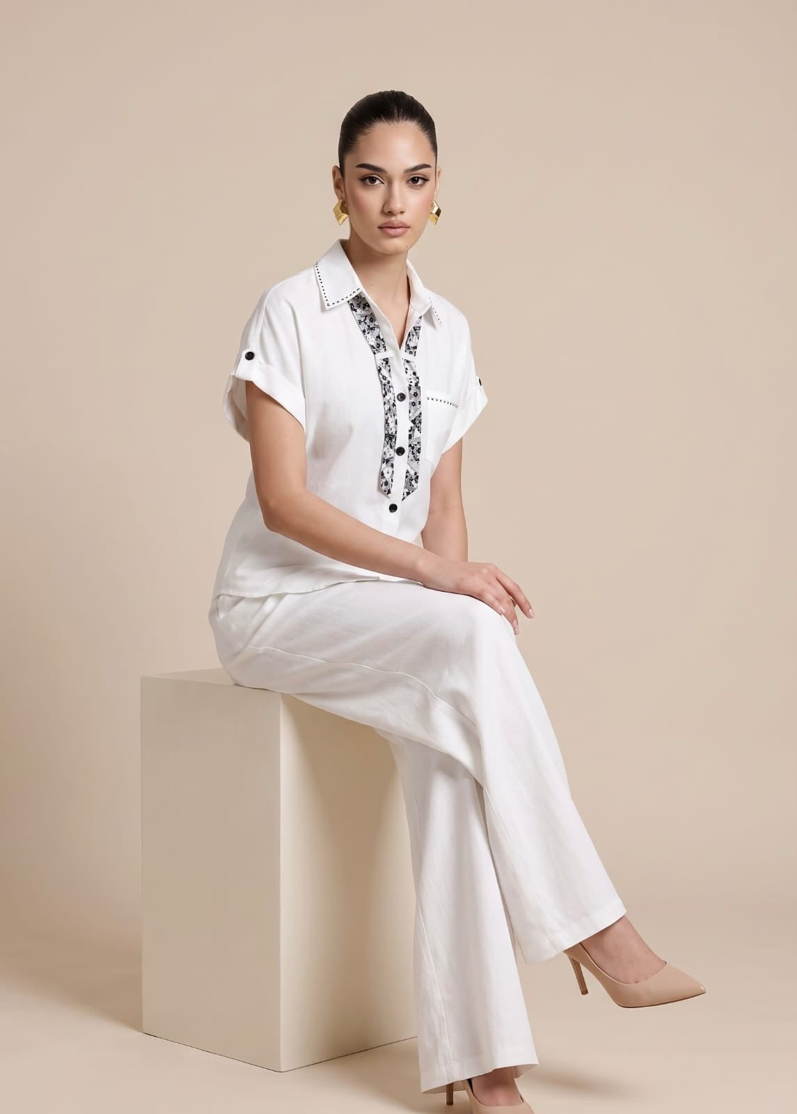 Scarf-Detailed Short-Sleeve Shirt & Wide-Leg Trousers white Co-ord Set