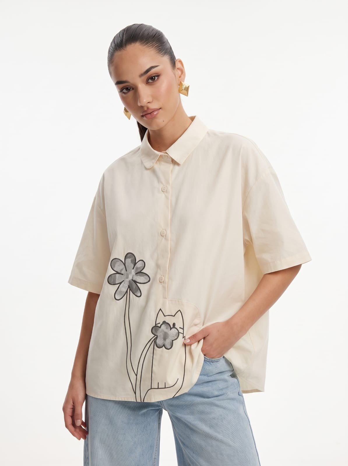 Whimsical Cat & Flower Embroidered Yellow Cotton Shirt
