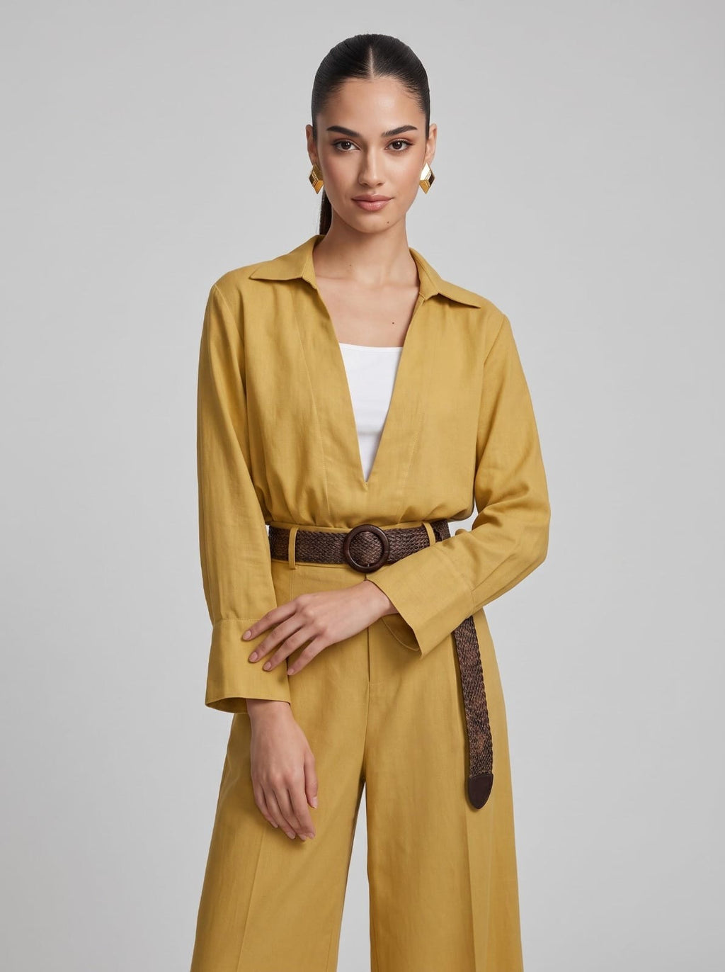 Deep V-Neck Shirt, Inner Cami, Leather Belt & Trousers Mustard 4-Piece Set
