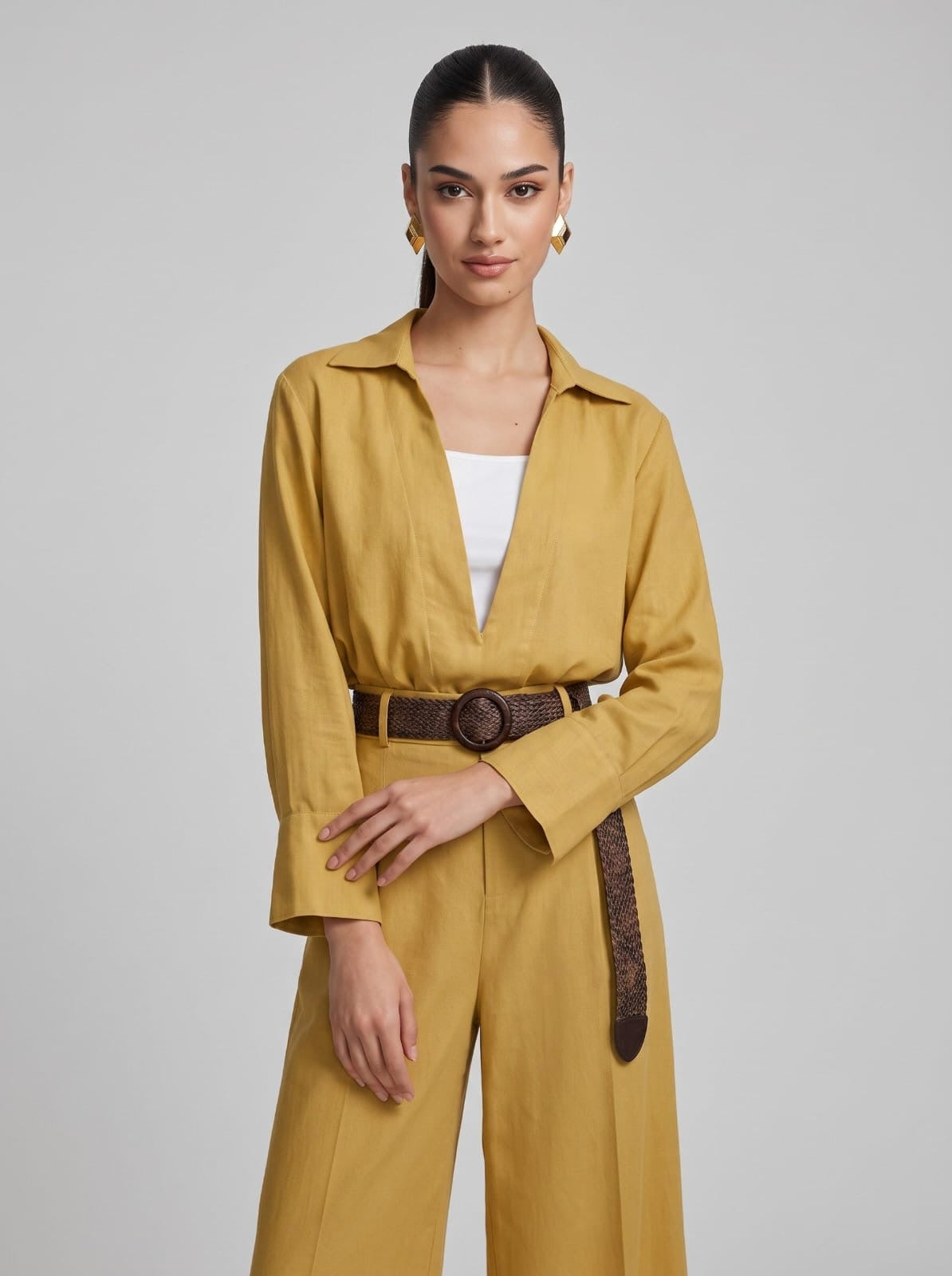Deep V-Neck Shirt, Inner Cami, Leather Belt & Trousers Mustard 4-Piece Set